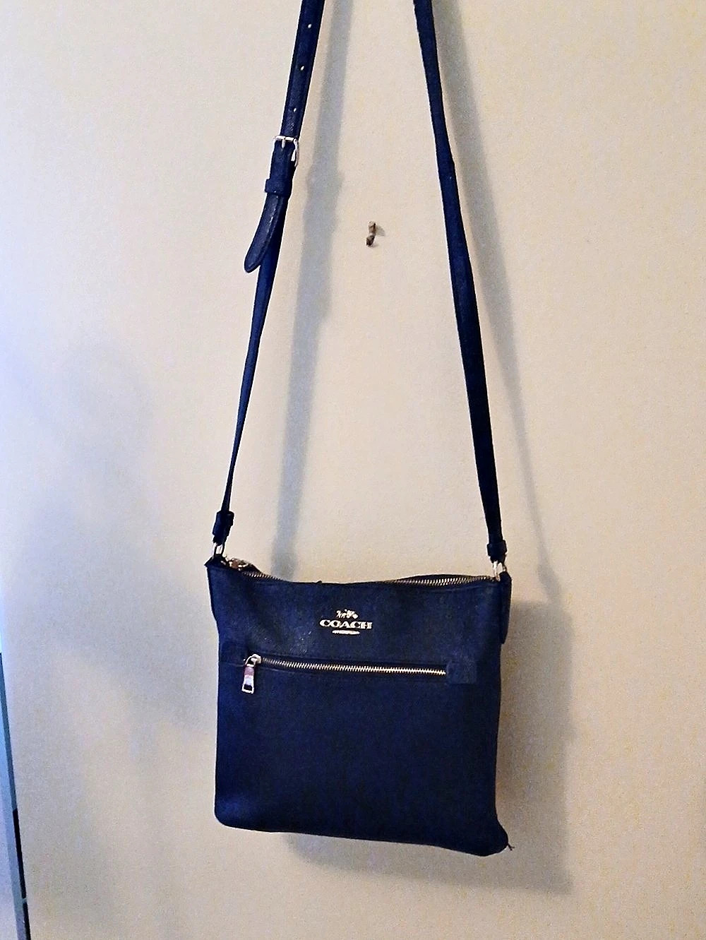 COACH North/South Swingpack in Embossed Textured Leather Blue Crossbody Bag
